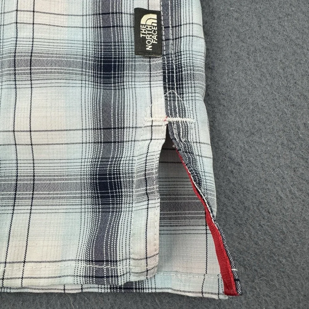 THE NORTH FACE‎ Mens short sleeve Modal blend zip BLUE plaid button shirt - L